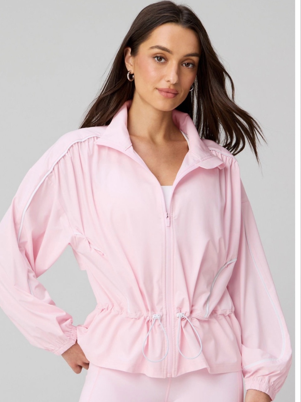 Fabletics Light Pink Zip-Front Drawstring Bomber Jacket